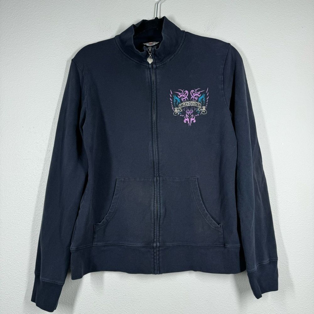 Vintage Y2K Harley Davidson Zip Up Jacket Black Bedazzled Embroidered Large - Picture 1 of 10